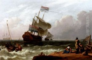 A Dutch Man-of-war In A Stiff Breeze With Fisherfolk In The Foreground by Ludolf Backhuysen the Elder