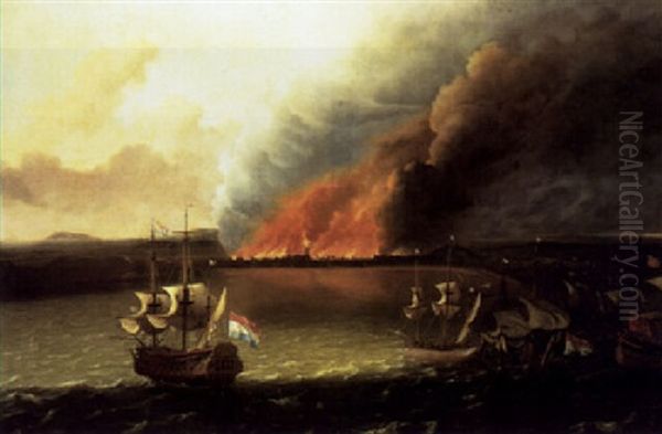 Dutch Men-of-war Pursuing A British Man-of-war, A Town Burning Beyond (dutch Raid On Chatham In 1667?) - view 1