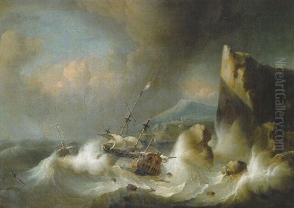 An Amsterdam Merchand Man And A Wijdschip Foundering Off A Rocky Coast, In A Gale - view 1