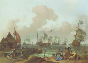 Coastal Scene Wih Dutch Fleet Under Way, Peasants By A Jetty In The Foreground