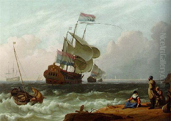 A Dutch Man-of-war In A Stiff Breeze With Fisherfolk In A Foreground - view 1