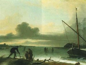 A Winter Scene Of A Frozen Lake With Figures, A Horsedrawn Sleigh And A Barge by Ludolf Backhuysen the Elder
