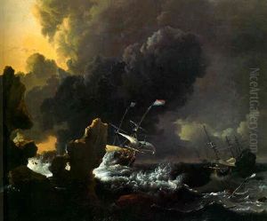 Merchant Men In Distress In A Gale Off A Rocky Coast