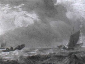 A Fishing Boat And Other Shipping In A Squall by Ludolf Backhuysen the Elder