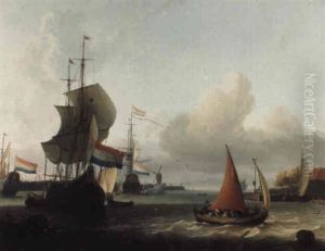 A Smalschip Under Full Sail And Men-of-war At Anchor In A Dutch Harbour