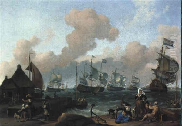Hollandske Skibe Ud For Havnekaj Med Mennesker Og Hunde - view 1