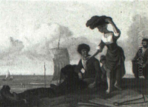 Coastal Scene With A Woman And Fishermen - view 1