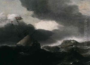 Kustparti Med Segelfartyg Pa Upprort Hav by Ludolf Backhuysen the Elder