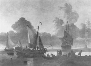 A Dutch Man O'war And A States Yacht Off A Jetty
