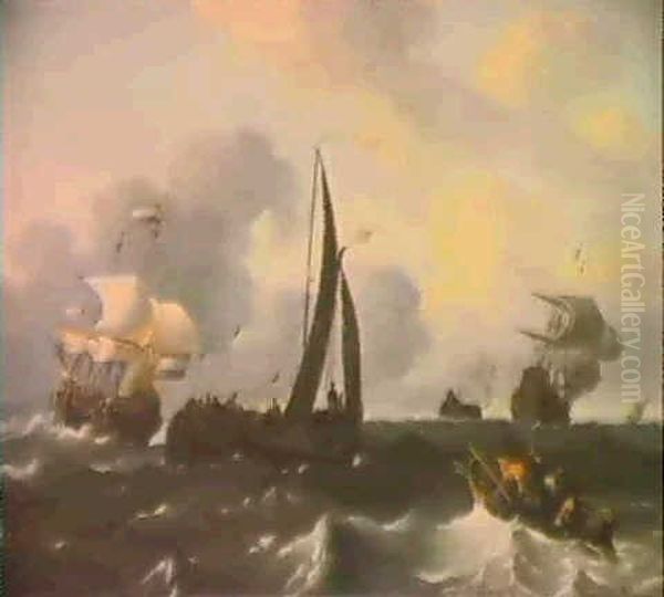 A Smalschip, A Rowing Boat And Dutch Warships In A Choppy Sea Off A Town - view 1