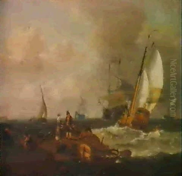Fisherfolk Resting On The Shore, With A Rowboat Moored Nearby, A Dutch Man-of-war, A Frigate And Other Shipping... - view 1
