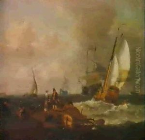 Fisherfolk Resting On The Shore, With A Rowboat Moored      Nearby, A Dutch Man-of-war, A Frigate And Other Shipping...