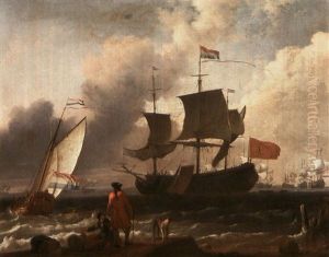 A Dutch Frigate Flying The Banner Of The City Of Amsterdam  With A Small Yacht Under Sail In Coastal Waters A Number Of by Ludolf Backhuysen the Elder