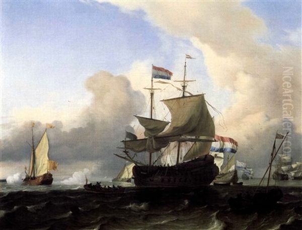 A Frigate And Other Vessels In Choppy Sea - view 1