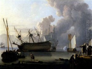 A Man-of-war Being Caulked Offshore In A Calm, With Other Shipping