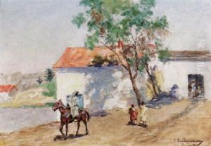 Sydlandskt Landskap Med Byggnader Och Ryttare Sydlandskt Landskap Med Byggnader Och Ryttare