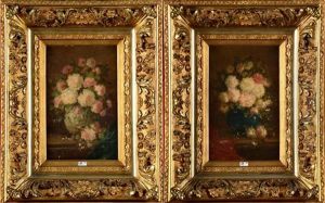 Vases De Fleurs Sur Un Entablement (pair) by Francois Backvis