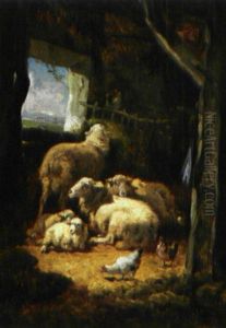Schapen En Kippen In Een Stal by Francois Backvis