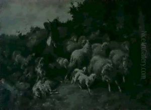 Schafherde, Von Wolfen Angefallen Und Vom Schafer           Verteidigt by Francois Backvis