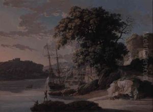 A Harbour At Sunset, In An Estuary With Men-o'war Moored