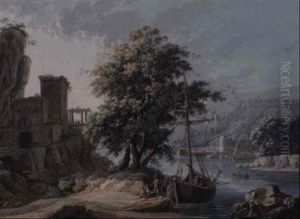 A Seascape At Dawn, With Fishermen Unloading Boats By A Villa