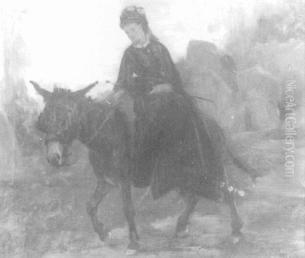 Woman Riding A Donkey Through A Rocky Landscape - view 1