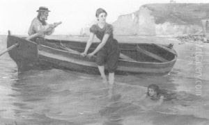 An Old Seaman Steers A Rowboat Off White Chalk Cliffs by Henry Bacon