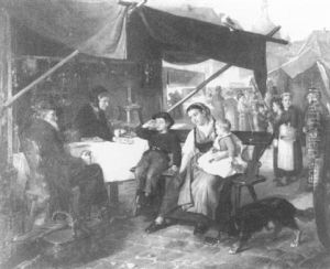 European Market Scene With Coffee Shop Interior To Left And Tents And Figures To Right European Market Scene With Coffee Shop Interior To Left And Tents And Figures To Right