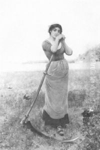 Farm Girl Leaning On A Scythe In A Meadow With A Cottage And Sea In The Distance Farm Girl Leaning On A Scythe In A Meadow With A Cottage And Sea In The Distance