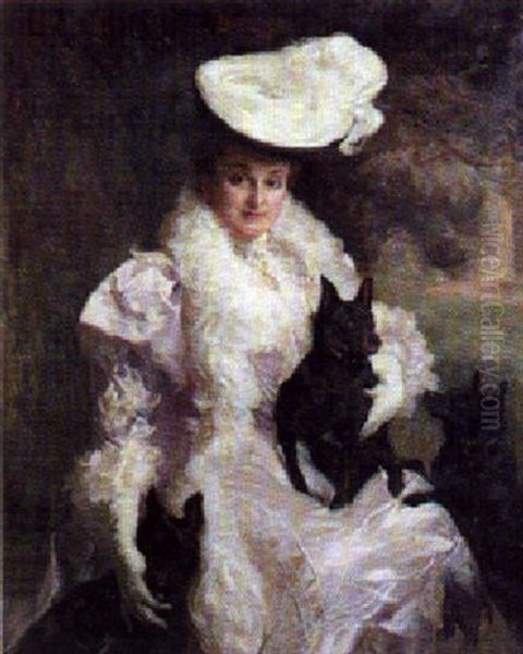Portrait Of A Lady In A Mauve And White Dress With Her Favourite Dogs - view 1