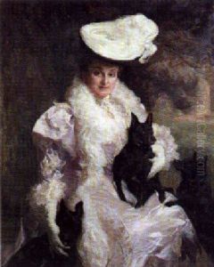 Portrait Of A Lady In A Mauve And White Dress With Her Favourite Dogs by John Henry Frederick Bacon