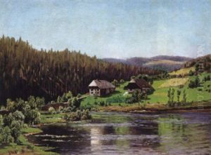Schwarzwaldlandschaft Im Sommer Mit Spiegelndem See Und Malerischen Hausern by Margarete Von Baczko