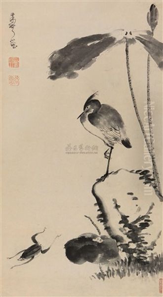Lotus Leaves And Birds, Frogs And Rock - view 1