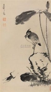 Lotus Leaves And Birds, Frogs And Rock by Bada Shanren