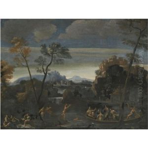 A River Landscape With Elegant Company In A Boat, Others Picnicking On The Bank And Bathing, A Mountainside Town Beyond by Sisto Badalocchio