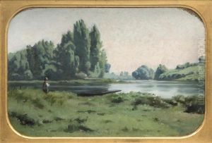 Bord De Riviere Anime Avec Barques by Jules Louis Badel