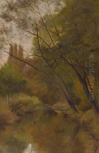 Waldige Landschaft Mit Flusschen Bei Genf by Jules Louis Badel
