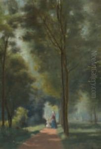 Baumgesaumter Weg Mit Frau Und Kind by Jules Louis Badel