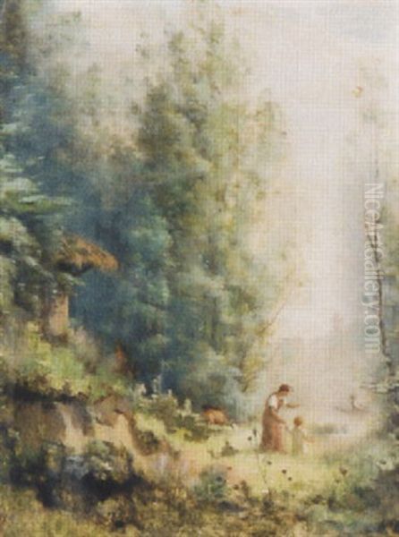 Baumbestandene Landschaft Mit Mutter Und Kind - view 1
