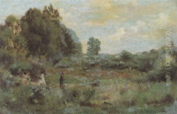 Sommerliche Landschaft Mit Spazierganger - view 1