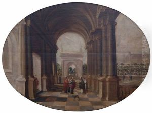 A Palace Interior With Christ And The Pharisees Discussing The Tribute To Caesar by Hans Jurriaensz van Baden
