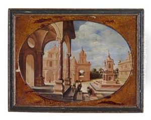 Palace Exterior With Baroque Architecture And Dignified Persons (+ Another, Similar; Pair) by Hans Jurriaensz van Baden