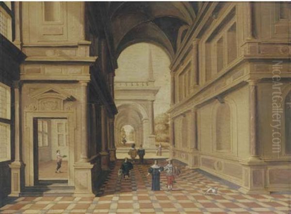 A Fantastical Palace With Elegant Figures In A Portico - view 1