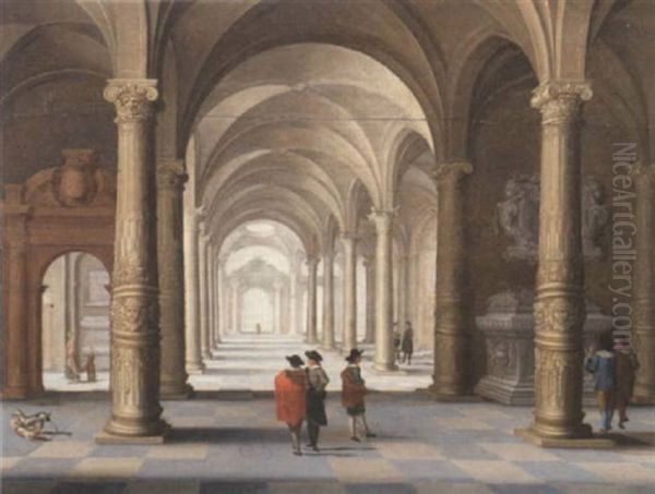 A Church Interior With Elegant Gentleman Conversing And Dogs Playing - view 1