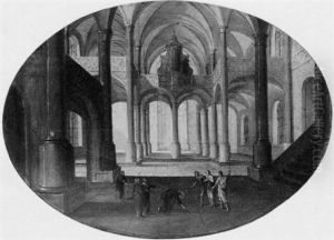 An Interior Of A Gothic Church With Christ And The Woman Taken In Adultery