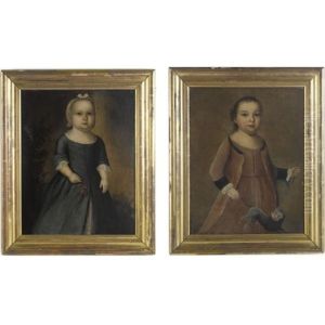 Little Girl In Green Dress Holding Cherries (+ A Little Boy In Rose-colored Costume Swinging A Cat, Oil On Paper; Pair) by Joseph Badger