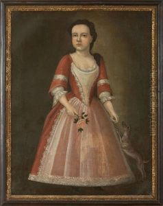 Portrait Of A Young Lady In Pink Dress With Her Dog And Holding A Rose by Joseph Badger