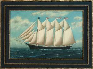 The Four-masted Black-hulled Schooner Estelle Phinney With A Coastal Lighthouse Off Her Bow by Solon Francis Montecello Badger