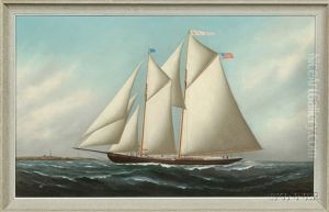 Portrait Of The Schooner Elmer E. Gray Off Cape Ann, Thacher Island, Light Station, Masaachusetts