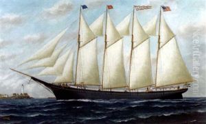 Portrait Of The Four-masted Schooned "r.w. Hopkins" Of Maine by Solon Francis Montecello Badger